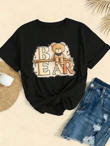 Camiseta negra de mujer con estampado de oso adorable, ideal para oto?o. Algodón de primera calidad, dise?o gráfico, estilo casual, transpirable, nueva colección. - Negro - Ver 2