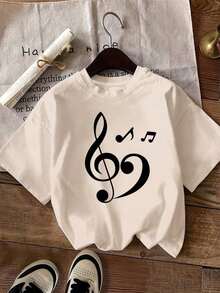 Camiseta con Estampado de Símbolo Musical a la Moda - Unisex, Holgada - Ajuste Cómodo, Estilo Vintage Urbano - Camiseta de Algodón - Adecuada para primavera, verano y otoño. - Albaricoque - Ver 6