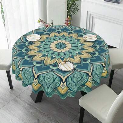 Mandala Sage Green Waterproof Picnic Patio Party Round Table Cloth Cover Decorations Fabric 60 Inch Circular Tablecloth For 20-47 Inch Home Dining Room Kitchen Decor