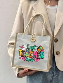 Túi vải lanh in chữ hoa "Best Teacher" (Người thầy tuyệt vời nhất), quà tặng Ngày Nhà giáo, túi tote in hình có thể tái sử dụng, túi tote đi làm hàng ngày. - Màu Khaki - Xem 5