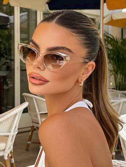 Champagne Cat Eye Small Frame Fashion Glasses, Women's Plastic Casual Decorative Daily Fashion Glasses