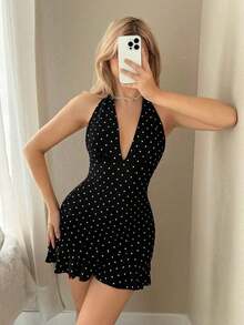 Vestido mini casual, de vacaciones, de estilo retro, con escote en V profundo y estampado de lunares blanco y negro - Negro - Ver 5