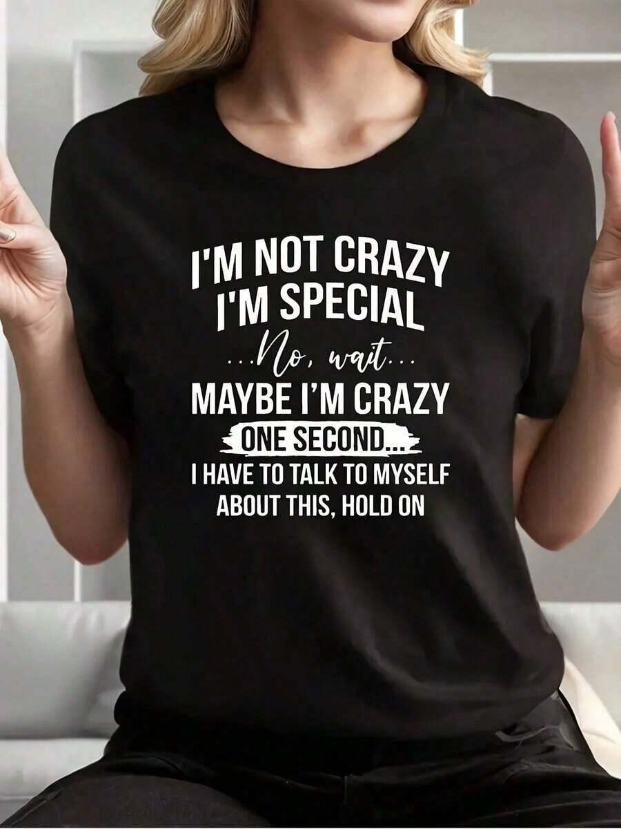 I M NOT CRAZY Camiseta de manga corta con cuello redondo y estampado en la parte delantera para mujer, estilo casual, de verano, camiseta gráfica para mujer - Estilo vintage urbano, unisex, holgada, de algodón, con cuello redondo y manga corta, 100% algodón. - Negro - Ver 1