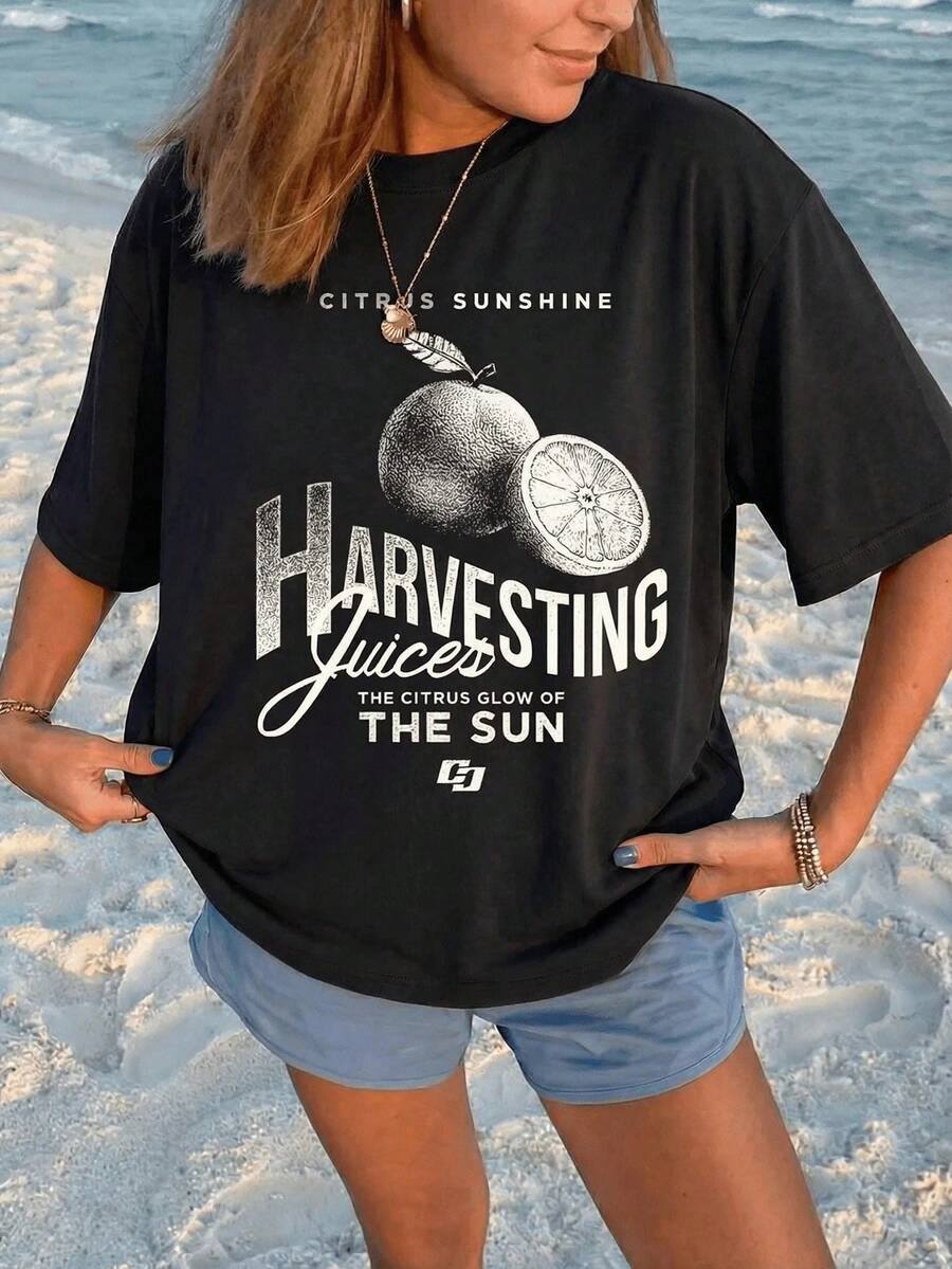 Women's Oversized Short Sleeve Casual T-Shirt, Vintage Citrus Orange Print, Round Neck, Retro Style For Summer And Beach, Breathable And Loose Fit For Daily Wear, Vacation, Urban Wear, Casual Outings, Perfect For Beach, Pool, Weekend Getaways And Everyday Casual Looks, - 黑色 - 查看 1
