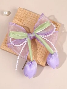 1pc Purple Tulip Hair Bow For Women Elegant Faux Pearl Chain Bow Hair Clip Purple Organza Bow Alligator Clip Romantic Bead Chain Bow Hair Barrette Cute Flower Hairpin For Daily Party & Holiday Women Hair Accessories,Travel,Birthday, Claw Clips - Purple - View 3