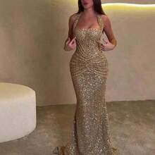 Top Fashion Picks Summer 2026 Spring/Summer New Arrival: Women's Stylish Sequin-Embellished Halter Dress - INS Style, Vacations & Parties; Casual, Slimming, Elegant, And Versatile Sleeveless Maxi Dress Sequin,Bodycon ,Hem,,Dress Formal Wear, Fitted, Sequined, Dresses, Evening Gowns, Formal Dresses - Vàng - Xem 9