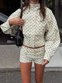 Chaqueta de primavera con cuello alto, estilo casual y retro, con estampado de lunares y bolsillos, para uso diario - Albaricoque - Ver 1