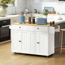 Mobile Kitchen Island, 2 Drawers, 2 Cupboards, Spice Rack, Towel Rail, Knife Holder, MDF, White - White - View 7