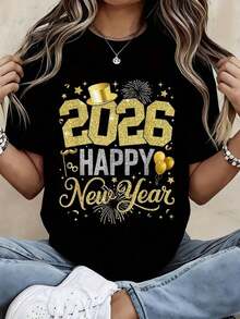 Women's New Year 2026 T-Shirt, Gold Glitter Design, Top Hat And Balloons, Festive T-Shirt For Christmas Celebration, New Year's Eve Party T-Shirt - 黑色 - 查看 1