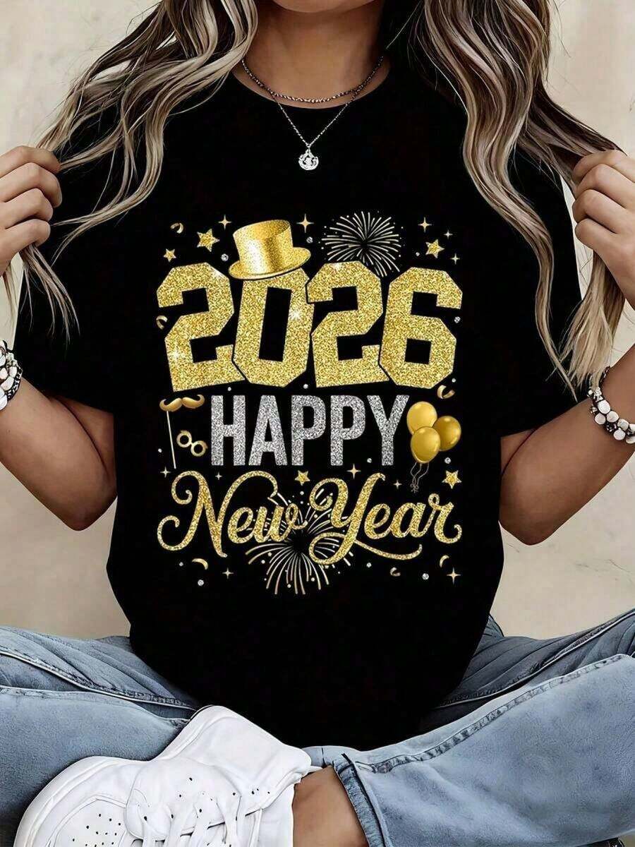 Women's New Year 2026 T-Shirt, Gold Glitter Design, Top Hat And Balloons, Festive T-Shirt For Christmas Celebration, New Year's Eve Party T-Shirt - 黑色 - 查看 1