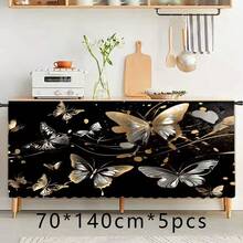 1pc Black & Gold Butterfly Print Polyester Short Plush Tablecloth, Ideal Home Decor For Kitchen Cabinet, Laundry Cabinet, Storage Cabinet, Can Also Be Used As Short Curtain For Windows - Multicolor - View 13