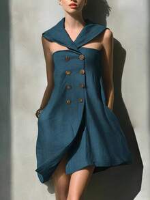 Vestido corto de moda para mujer, cuello de capa con calados, doble  de botones, bolsillos, diseño favorecedor, perfecto para looks casuales, de día y de oficina - Azul - Ver 4