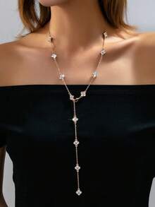 1 pieza Collar largo en forma de Y con trébol de la suerte con cristales de moda - Dorado - Ver 6