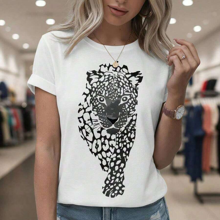 Women's Clothing Leopard Print T-Shirt For Women - Casual Short Sleeve Crew Neck Pure Cotton Loose Fit Animal Print Top For Summer, Sizes S-5XL Available Women's Shirts - 白色 - 查看 1