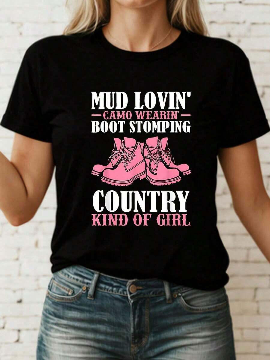 Blusas>Bonito Mujer Camiseta Negra con Estampado de Botas Rosa y Texto Country Mud Lovin Camo Wearin Boot Stomping Country Kind of Girl para Amantes del Campo y la Música Country 100% Cotton Blusas Para Mujer Casual - Negro - Ver 1