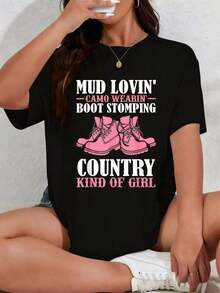 Blusas>Bonito Mujer Camiseta Negra con Estampado de Botas Rosa y Texto Country Mud Lovin Camo Wearin Boot Stomping Country Kind of Girl para Amantes del Campo y la Música Country 100% Cotton Blusas Para Mujer Casual - Negro - Ver 3