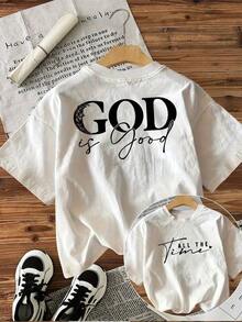 Blusas>Bonito  Camiseta de manga corta con estampado de doble cara "Easy Style" con el texto "GOD Is Good" que expresa un sentimiento religioso 100% Cotton Blusas Para Mujer Casual - [Blanco] - Ver 7