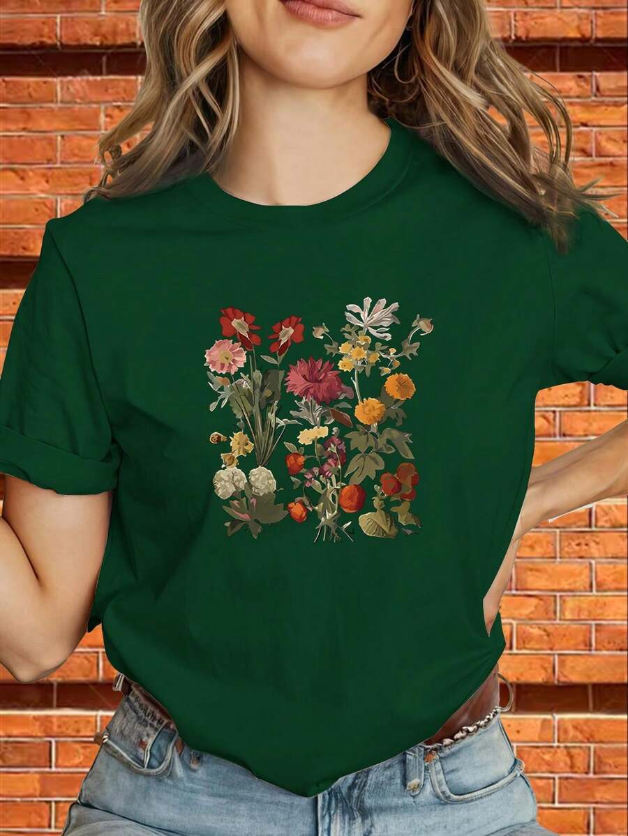 Women's "Navy Floral" Designer T-Shirt, Y2K Style, With Geometric Print And Logo, Loose Fit, Short Sleeve, Black And Gold Color, Casual Summer Shirt, Machine Washable Stretch Fabric (Anti-Wrinkle), Suitable For Casual Wear And Layering. - 綠色 - 查看 1