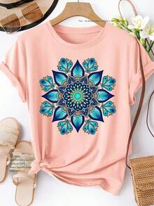 Camiseta de Manga Corta para Mujer, Estilo , Estampado Mandala Azul-Verde, Primavera Verano Otoño, Elegante, Versátil, Casual, Deportiva, Cuello Redondo, Suave y Cómoda, Tallas S-XXL, Novedad 2026 - 100% Algodón Transpirable - Blanco - Ver 10