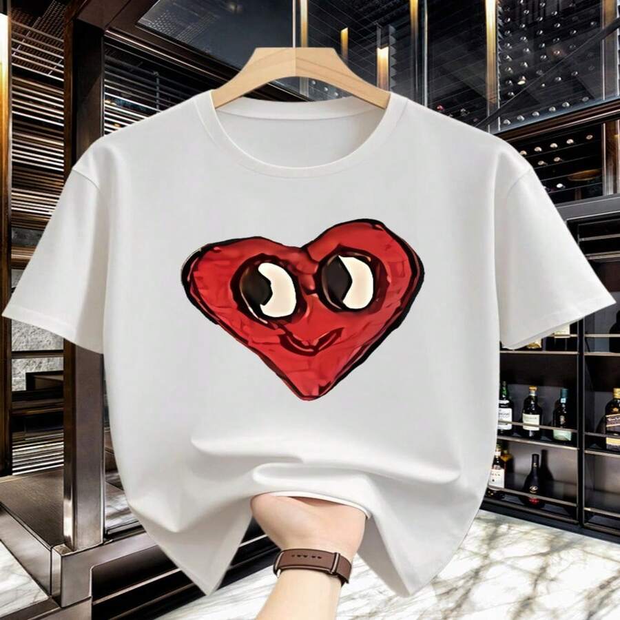 Women's White Cotton Short Sleeve Round Neck T-Shirt With Red Heart Print Casual And Elegant Regular Fit Top High Stretch Fabric - 白色 - 查看 1