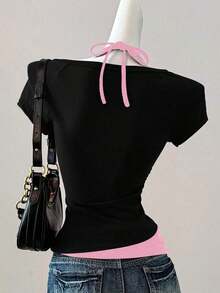 Camiseta de mujer casual de cuello en V retro, con atar, de manga corta y contraste de color, adecuada para el verano - Rosa - Ver 2