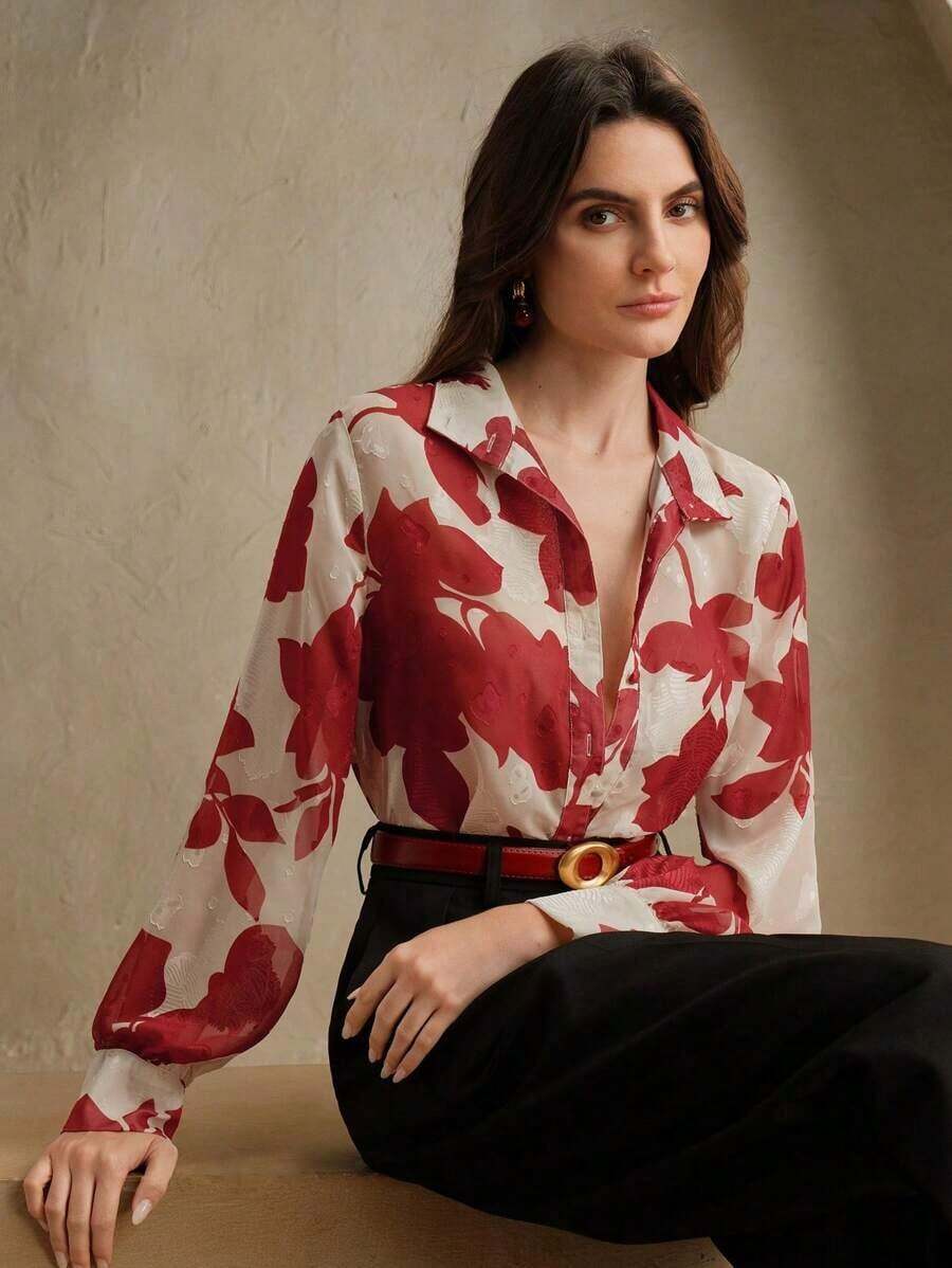 Blusa de manga larga casual de verano para mujer, de estilo jacquard francés tejido, elegante y de ocio para vacaciones - Rojo - Ver 1