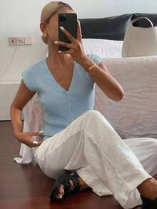 Cárdigan casual de verano para mujer, de unicolor, ajustado, de cuello en V, elástico y delgado - Azul - Ver 3