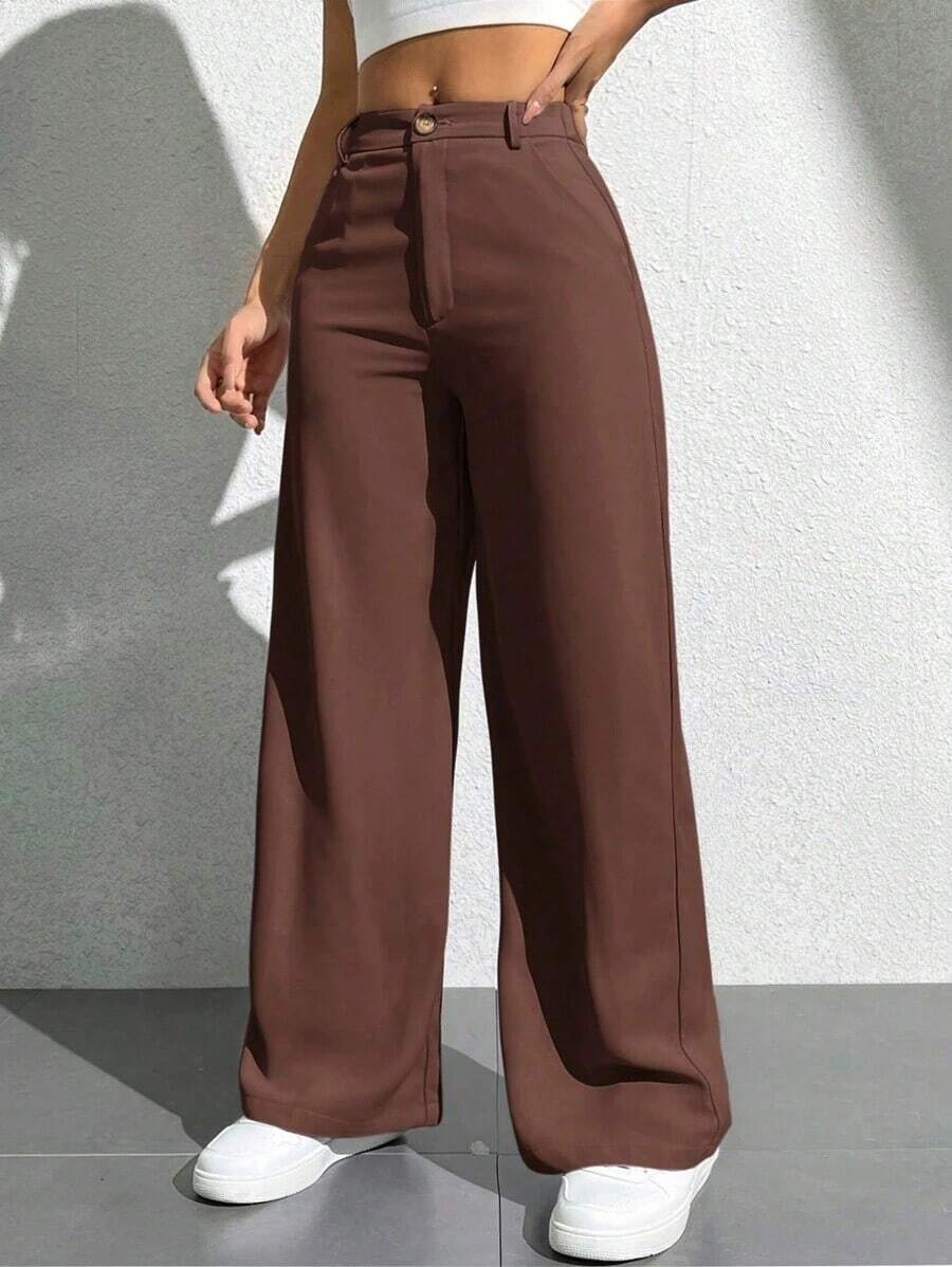 Pantalones casuales simples de unicolor para mujer para usar todos los días - Marrón - Ver 1