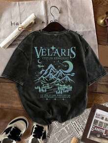 Velaris ACOTAR, Velaris City Of Starlight, Women's Black Washed Crew Neck Short Sleeve T-Shirt, Slim Fit, Punk Style, Versatile, Korean Style, Comfortable, Retro, Y2k Style, From The Washable Retro Series Of Pure Cotton T-Shirts, Makes It Easy To Create Retro Casual Wear. They Are Suitable For Daily Commutes, Leisure Outings, And Everyday Outfits. Classic Retro Style Women's Clothing - 黑色 - 查看 6