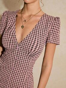 Vestido mini de manga corta con cuello en V y botones, vestido casual de verano elegante de línea A, vestido mini de cuello en V, vestido con botones delanteros, vestido casual de verano, vestido de manga corta, vestido de cuadros rojos de línea A, vestido mini minimalista, vestido rojo, ropa casual de verano para mujer, vestido de ajuste ceñido, atuendos para citas de vacaciones, atuendos para festivales de música de verano, atuendos de oficina para mujer, vestido social, vestidos de picnic para mujer, atuendos de primavera para mujer, vestido de guinga para mujer, ropa de oficina para mujer, atuendos de verano 2026, nuevas llegadas - Rosa vieja - Ver 5