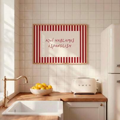 1pc Bilingual Spanglish Wall Art, Spanish Home Decor, Multicultural Quote Print, Unique Minimalist Horizontal Poster, Red Striped Minimalist Home Decor, No Frame