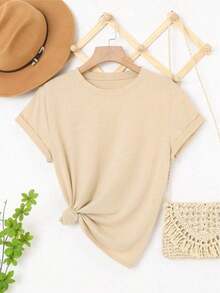 Camiseta de manga corta casual de cuello redondo suelta impresa rosa de primavera verano para mujeres - Albaricoque - Ver 4