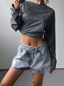 Jeans rectos de cintura baja con banda de cintura elegante para mujer - Azul 2 - Ver 6