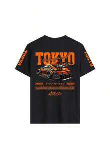 Women's Black Short-Sleeved T-Shirt, Casual Style, Loose And Versatile, With TOKYO Racing Letter Print, Ideal For Everyday Wear And Holidays. - 彩色 - 查看 2
