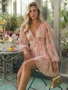 Vestido de vacaciones con cuello en V, manga larga y estampado floral para mujeres - Rosa Pálido - Ver 7