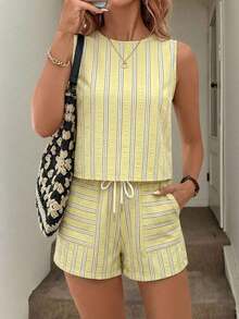 Set de 2 piezas de top corto sin mangas a rayas y pantalones, conjunto informal de verano con bolsillos para mujer - Amarillo - Ver 9