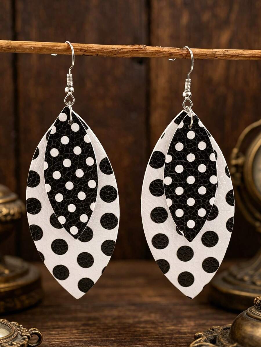 1 Pair Black & White Polka Dot Double-Layer Leather Earrings, Retro Hong Kong Style Fashion Versatile Long PU Leather Earrings - Black and White - View 1