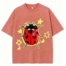 Washed Unisex Tee, Star & Ladybug Print, Vintage Distressed Style, Premium Fabric, Summer Graphic Top, Ideal For Daily Wear & Holiday Gifts - لون برتقالي - مشاهدة 11