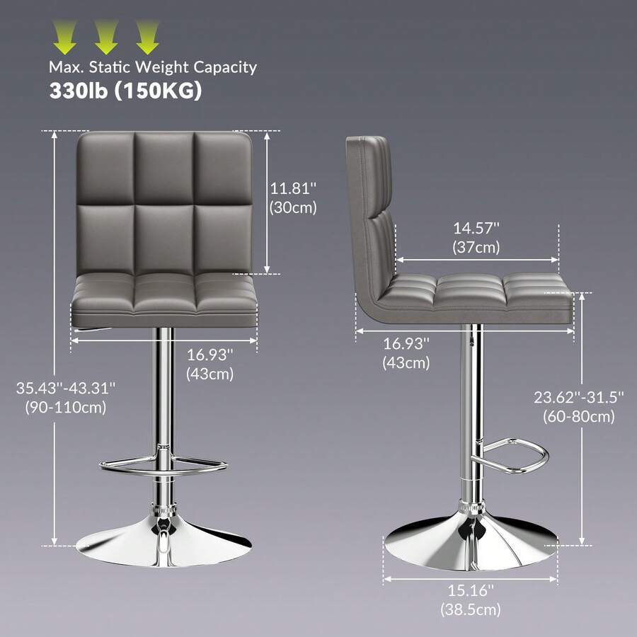 GartistGo Bar Stool Set Of 2 -Grey, 360° Swivel, Upholstered, Height Adjustable Bar Stool - Gris - Ver 1
