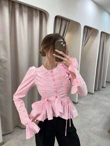 Camisa para mujer 2026 verano nuevo, moderna con botones, volantes, estilo suave y elegante - Rosa Pálido - Ver 3