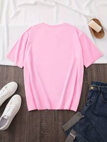 Plus Size - Plus Size - White Day, Exquisite Heart Design, Elegant Short Sleeve T-Shirt With Round Neck Print, Plus Size Women's Clothing, Women's Apparel - 深粉紅色 - 查看 2