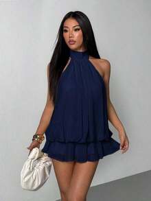 Vestido mini elegante de mujer con escote halter y lazo en color beige - Azul marino - Ver 6