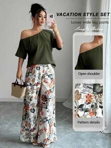 2 piezas Conjunto de top asimétrico de cuello sólido y pantalones con estampado tropical, estilo casual de vacaciones - Verde militar - Ver 9