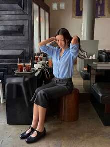 经典女士长袖纽扣衬衫，面料舒适，适合日常穿着 - 藍色 - 查看 2