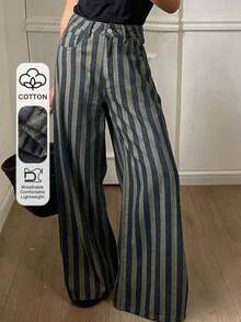 Jeans rectos de ajuste holgado con parches de cuadros y rayas para mujer, uso casual de oficina, otoño/primavera - Azul lavado oscuro 2 - Ver 1
