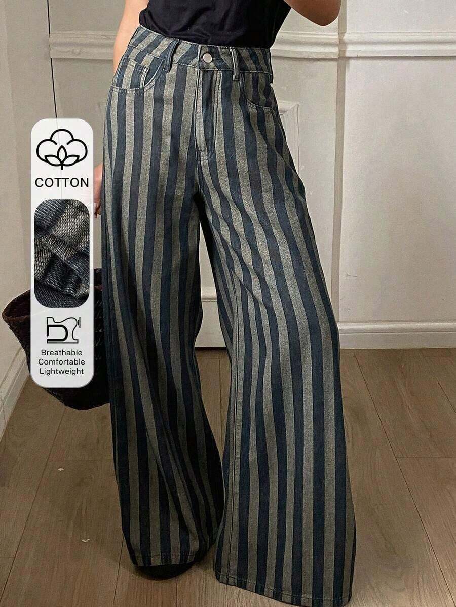 Jeans rectos de ajuste holgado con parches de cuadros y rayas para mujer, uso casual de oficina, otoño/primavera - Azul lavado oscuro 2 - Ver 1