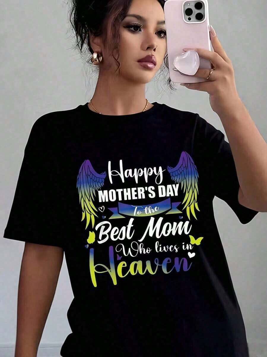 1 Piece Women's Plus Size Casual T-Shirt With Wing Print And The Phrase "Happy Mother's Day To The Best Mom In Heaven", Soft And Comfortable, Mother's Day Gift, 180g, 100% Cotton - 黑色 - 查看 1