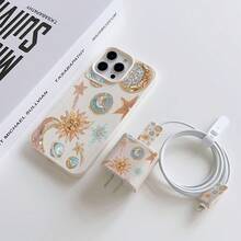 5合1套裝：人造皮革乳白色星球圖案手機殼 + 充電頭保護套 + 線材保護套 + 收納繩，TPU防震保護殼，相容 iPhone 6/7/8/X/XS/XR/XS Max/11/12/13/14/15/16/Pro Max，適合作為情侶、女友、女兒、青少年的生日或聖誕禮物 - 彩色 - 查看 4