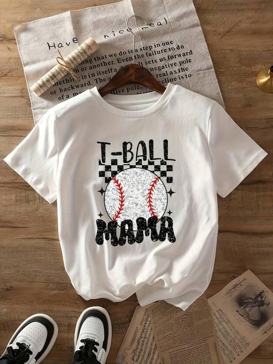 1 pieza de camiseta retro para mujer con estampado gráfico de "T-Ball Mama" - Rosa suave con estampado de béisbol y estrellas y diseño de pelota a cuadros, camiseta de manga corta con cuello redondo, ligera y transpirable, top casual de verano unisex para madres, entrenadores de softbol y ropa de equipo, 180g 100% algodón. - Blanco - Ver 1