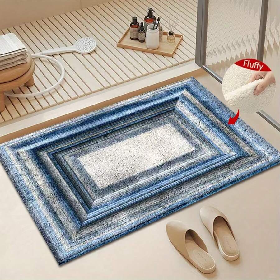 1pc Blue-Gray Gradient Concentric Rectangle Pattern Design Microfiber Bath Rug, Non-Slip And Super Soft Bathroom Floor Rugs, Doormat, Bathroom Water Absorption Mat, Machine Washable, Low Pile, TPR Backing, Knit Fabric, ForBathroom, Bedroom, Kitchen, Entryway, Indoor & Outdoor Use, Bathroom Accessories & Decor, Perfect New Home Gift. - A - View 1
